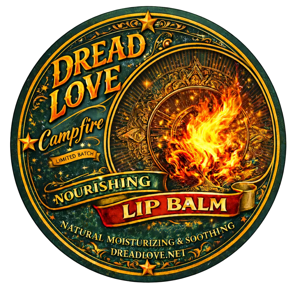 Lip balm label made with campfire design and text on a white backgroundy Krista Pettipas at Dread Love