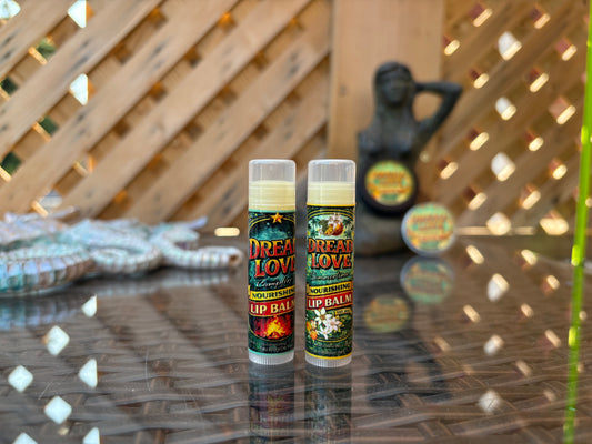 Dread Love Vegan Nourishing Lip Balm – Campfire Toasted Marshmallow and Summertime Creamsicle twist-up tubes, handmade in Canada