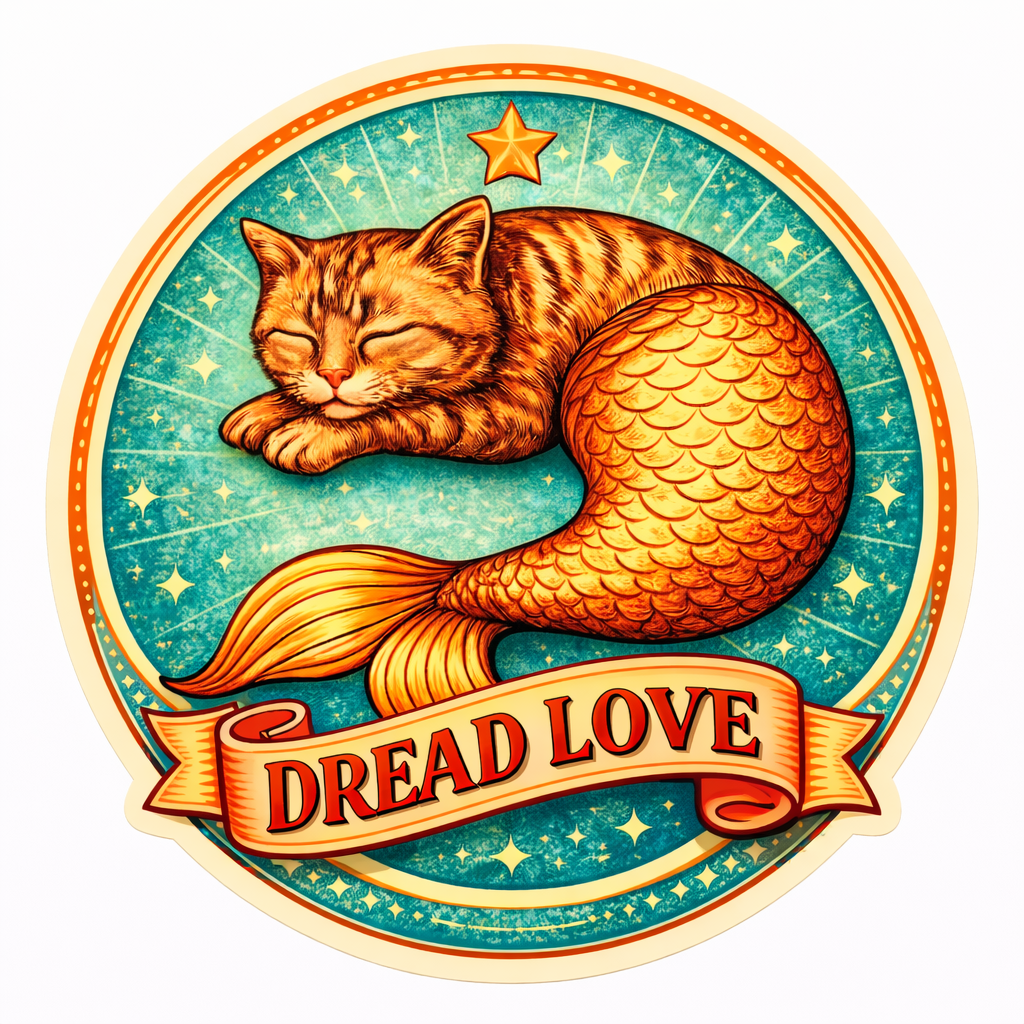 Illustration of a cat with a fish tail and 'Dread Love' banner on a starry background sticker