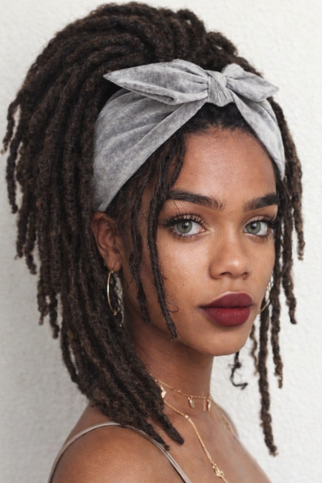 Woman with styled dreadlocks wearing a gray headband against a white background