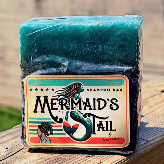 Shampoo bar with 'Mermaid's Tail' label on a wooden surface