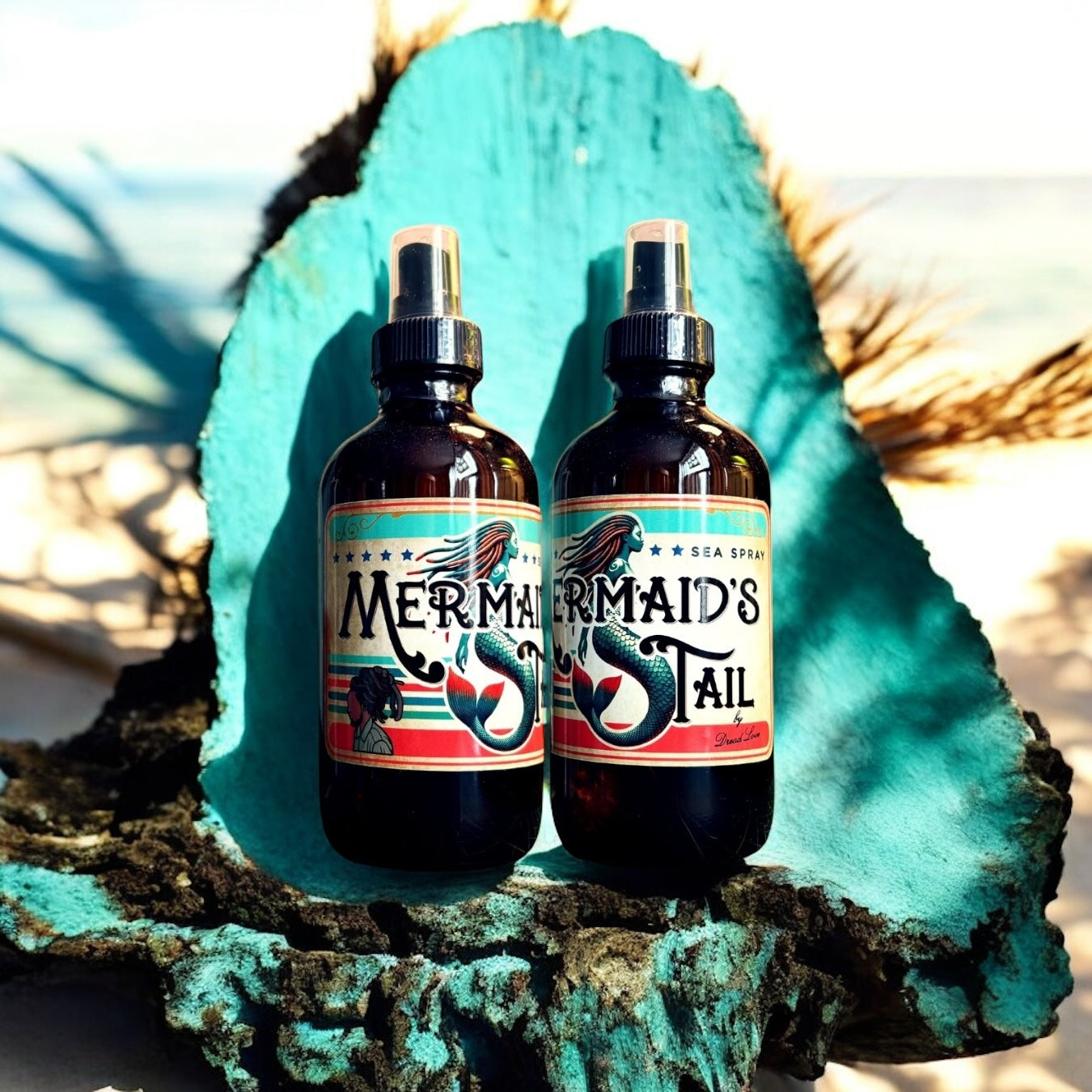 Two bottles of 'Mermaid's Tail' Sea Spray on a textured green surface with natural light.