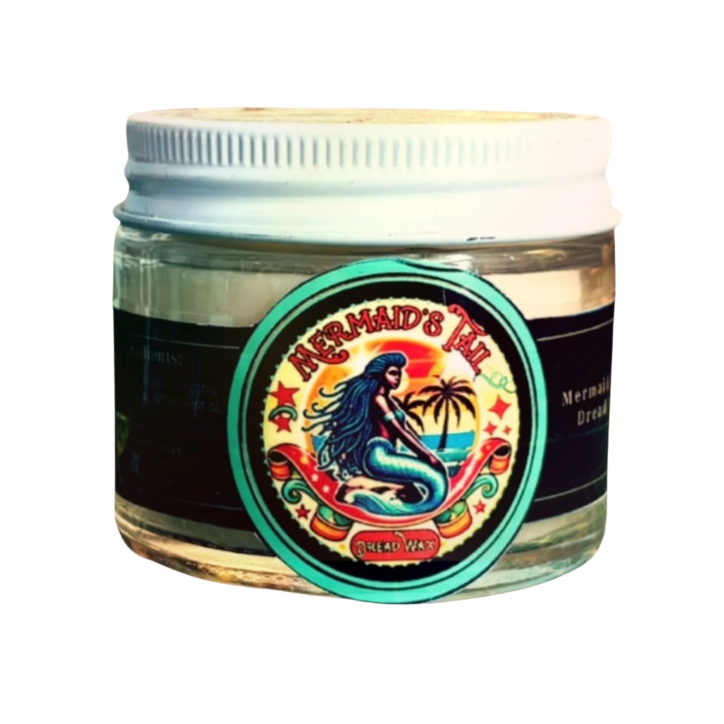 Jar of Mermaid's Tail Dread Wax with a colorful label featuring a mermaid on a white background