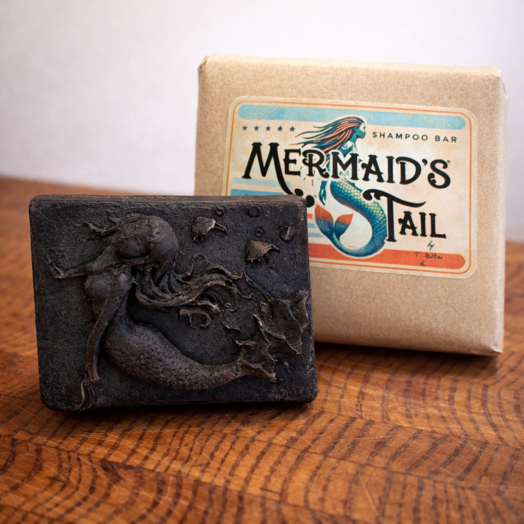 Clarifying shampoo bar with packaging on a wooden surface