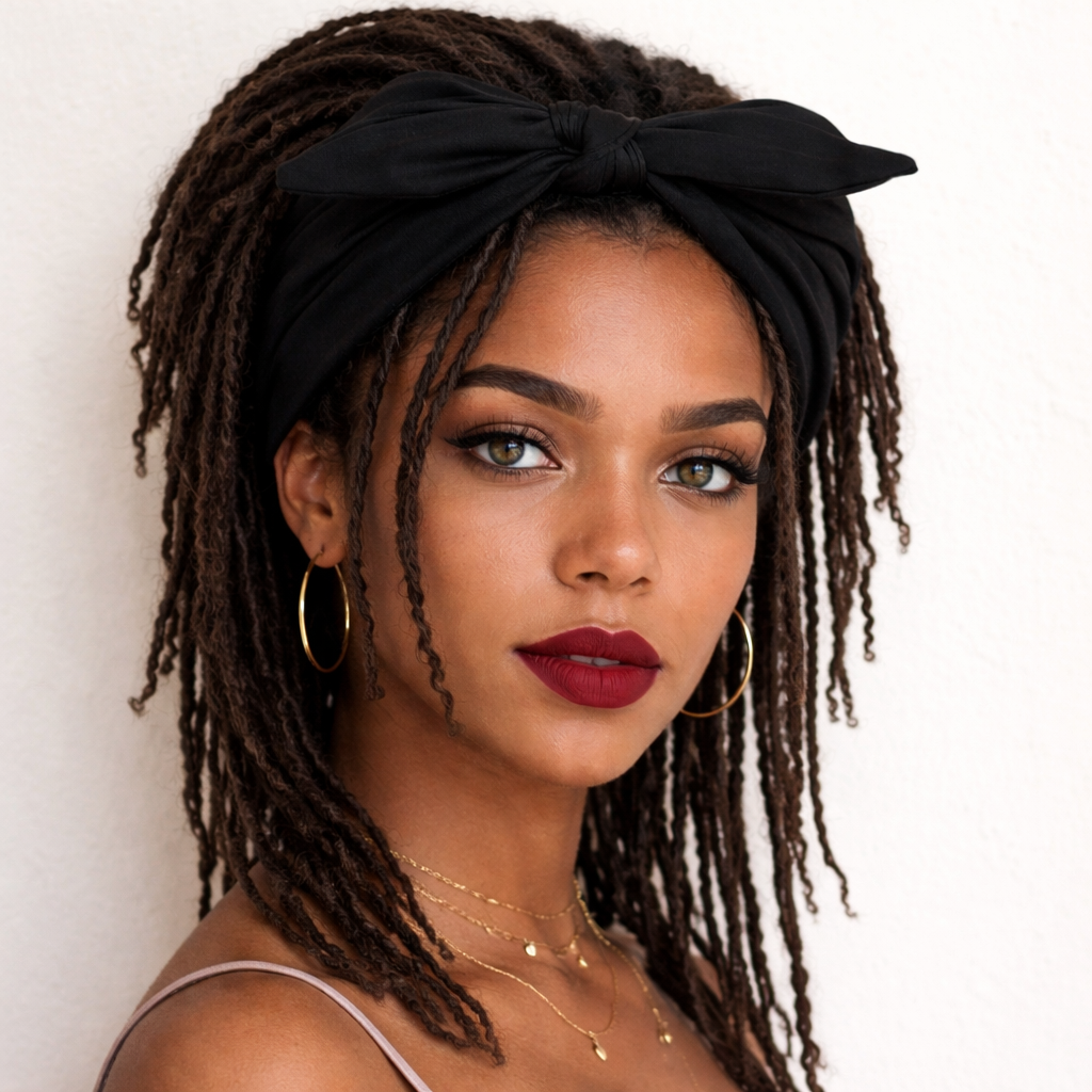 Woman with dreadlocks wearing a black headband against a white background
