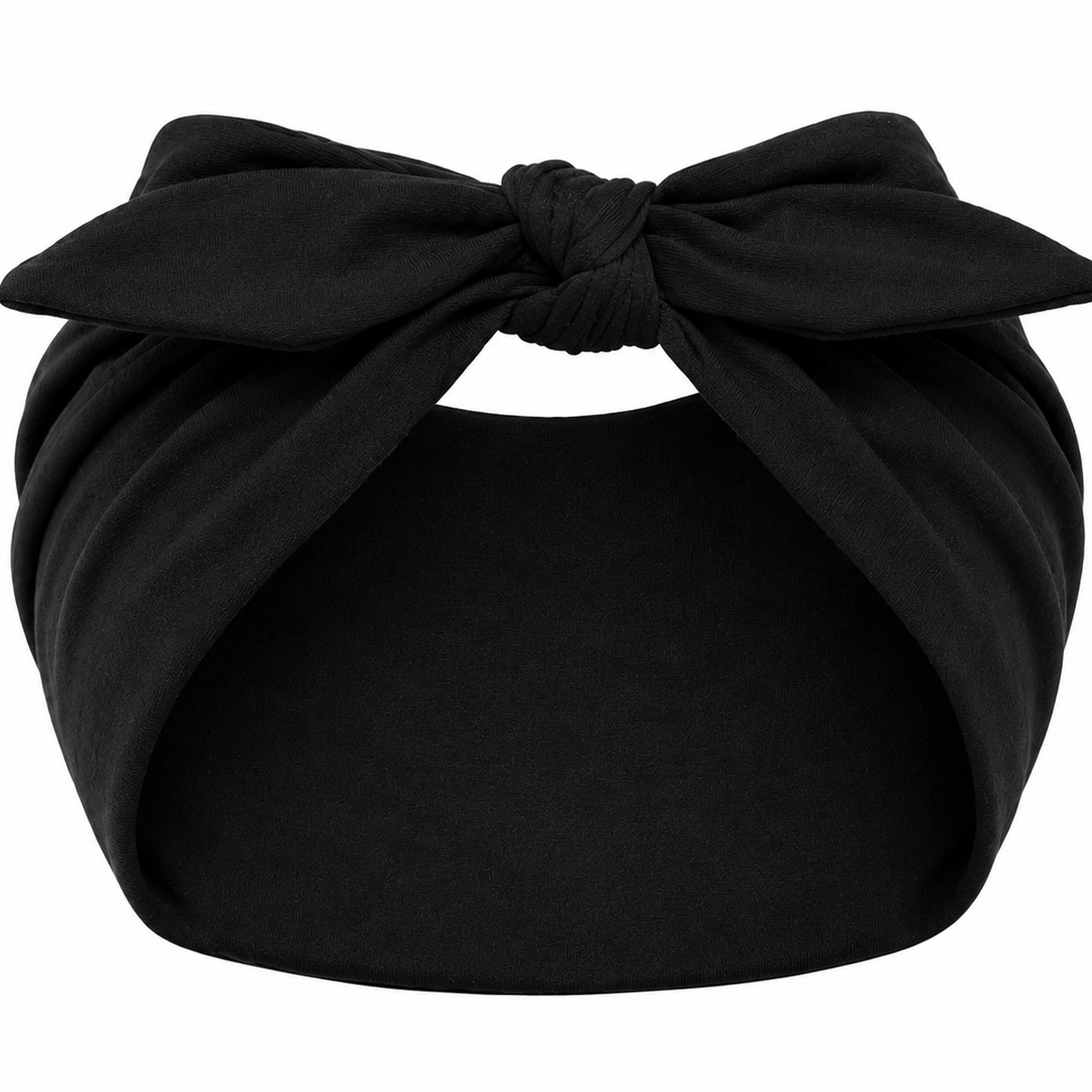 A black fabric headwrap or turban-style headband with a large bow at the top, shown on a plain white background.