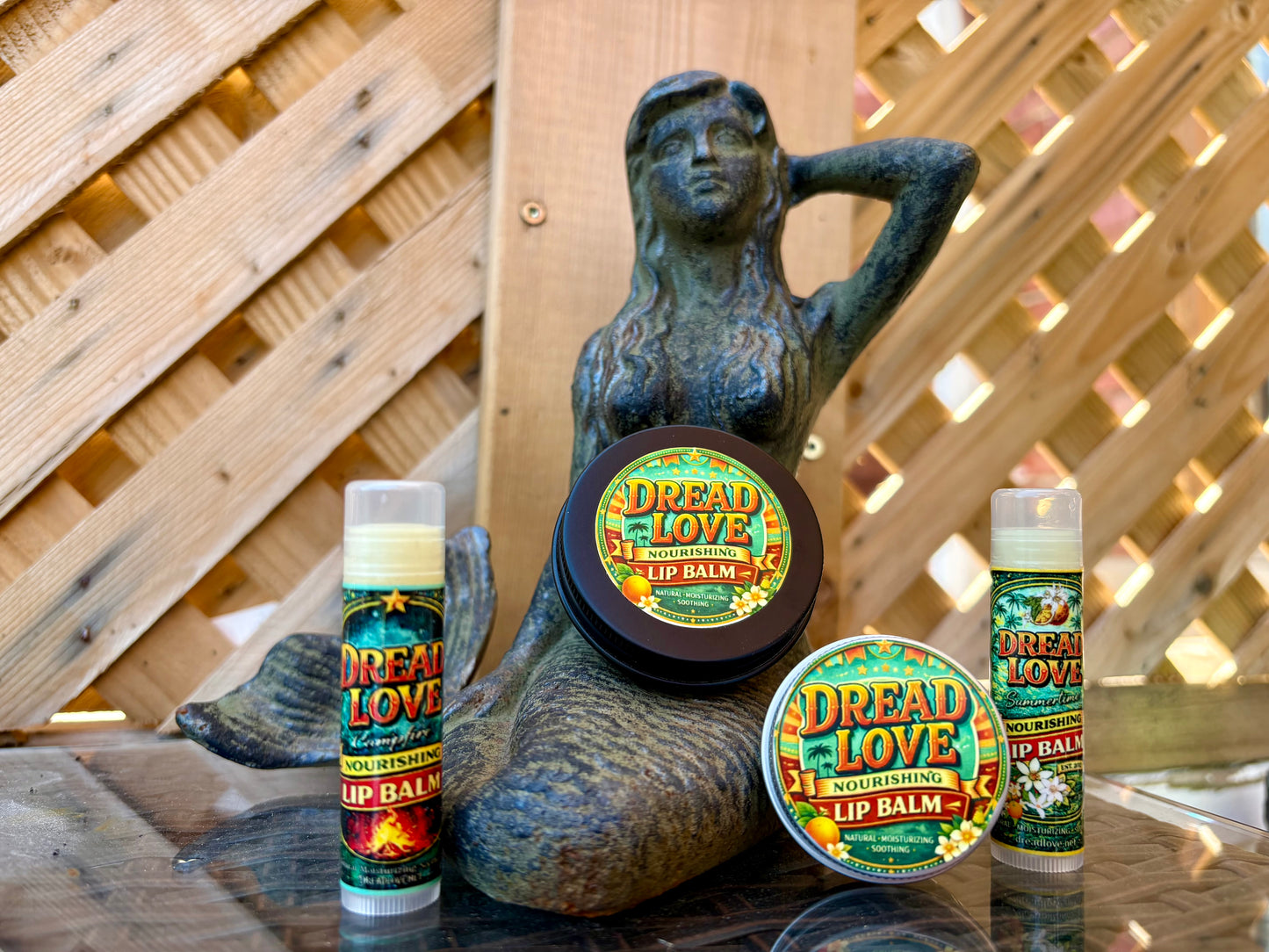 Dread Love Nourishing Lip Balm collection – Campfire and Summertime flavours in tins and tubes, long-lasting vegan lip balm