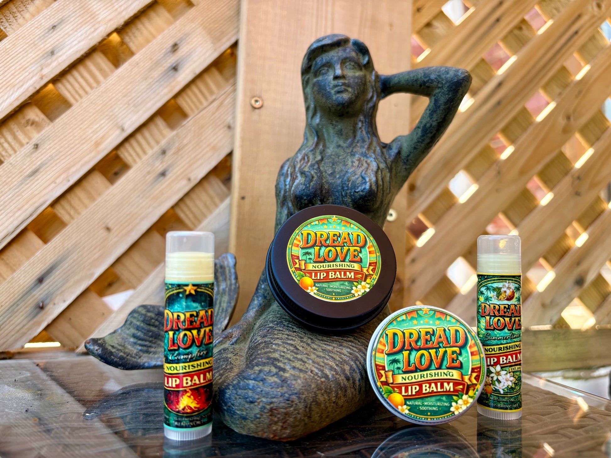 Dread Love Nourishing Lip Balm collection – Campfire and Summertime flavours in tins and tubes, long-lasting vegan lip balm