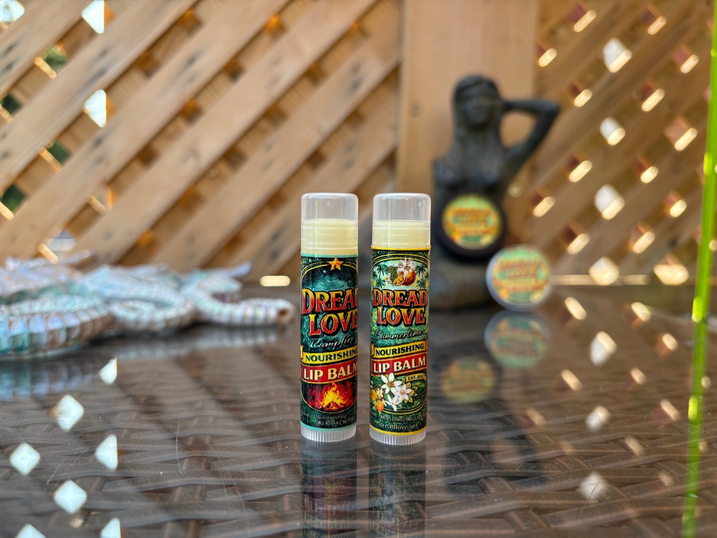 Dread Love Vegan Nourishing Lip Balm – Campfire Toasted Marshmallow and Summertime Creamsicle twist-up tubes, handmade in Canada