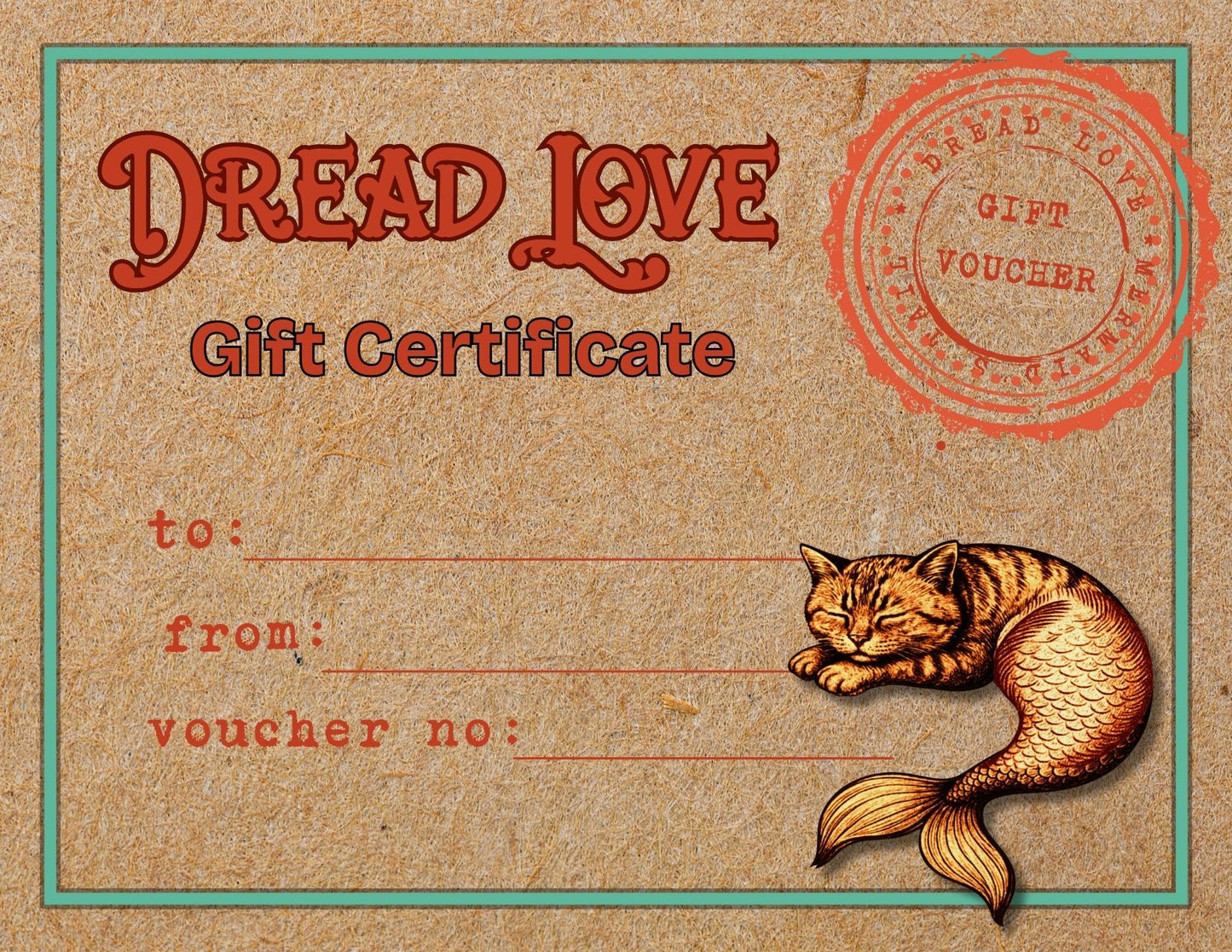 Gift certificate with 'Dread Love' branding, cat mermaid illustration, and vintage design.