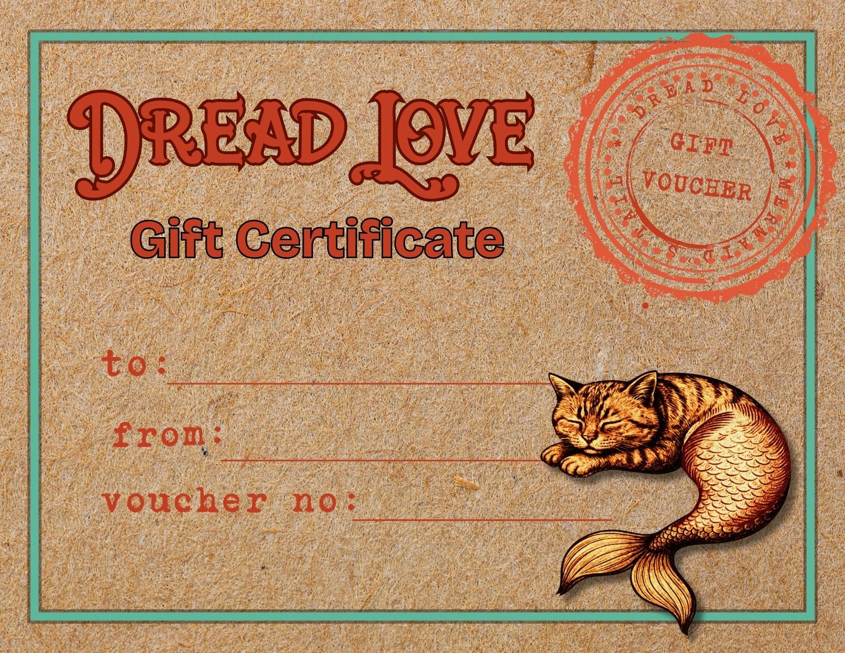 Gift certificate with 'Dread Love' branding, cat mermaid illustration, and vintage design.