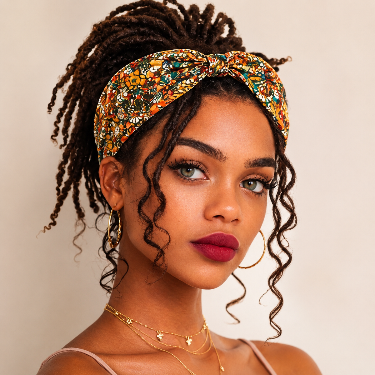 A woman with dark curly hair wearing a colorful floral twist headband, gold hoop earrings, and layered gold necklaces, photographed against a plain beige background.