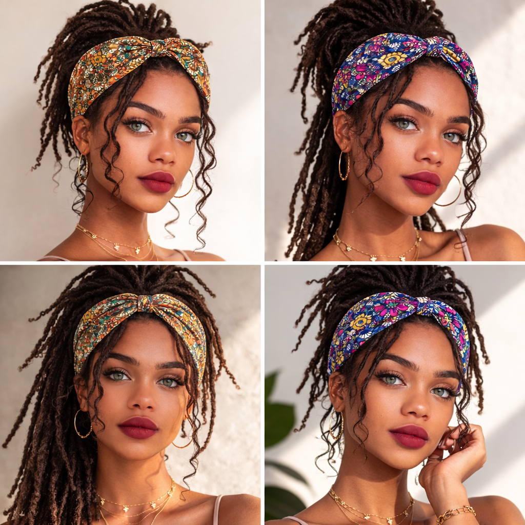 Four images of a woman with dreadlocks wearing floral headbands with different patterns.