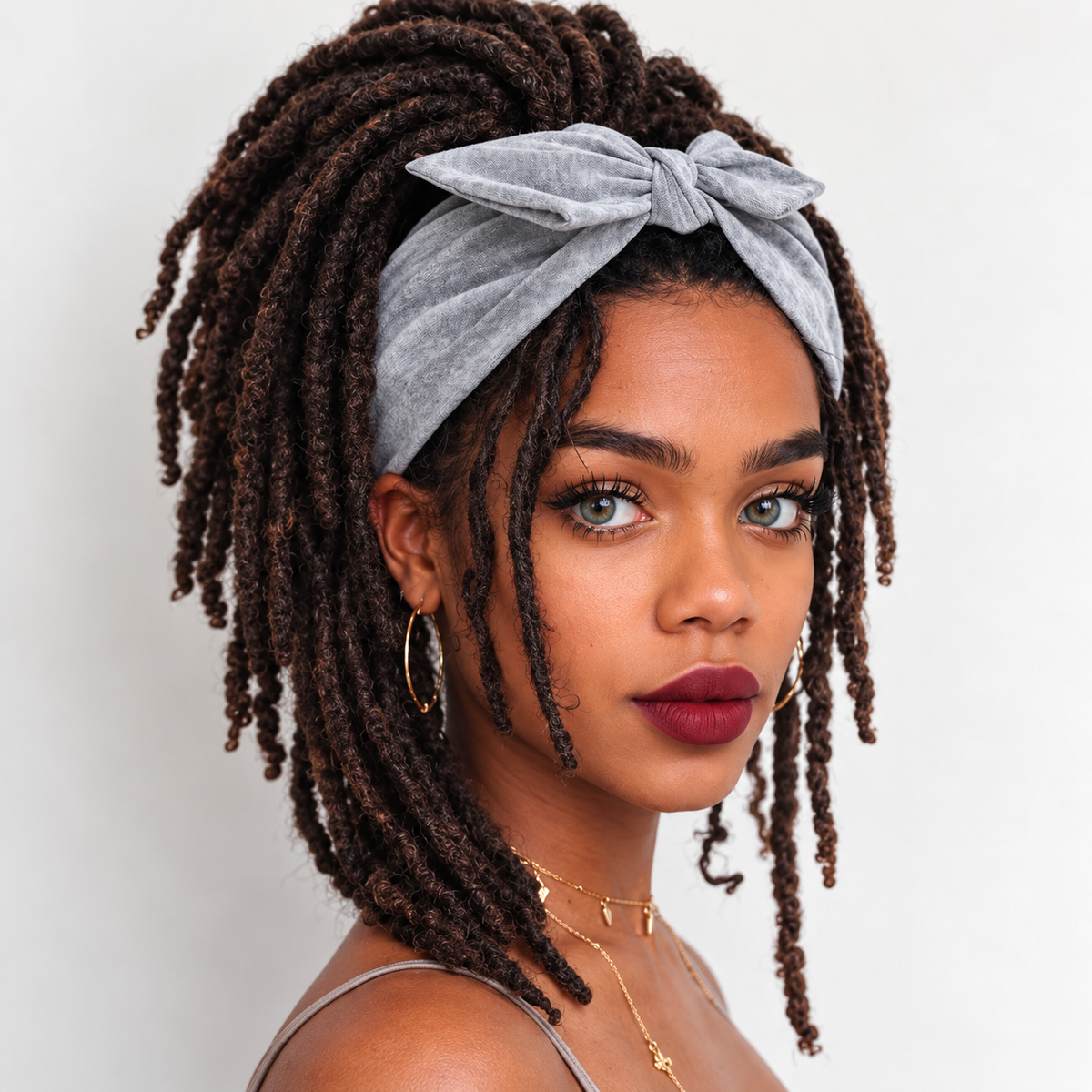 A close-up portrait of a woman with dark brown dreadlocks wearing a light gray velvet bow headband, gold hoop earrings, and gold necklaces against a plain light gray background.