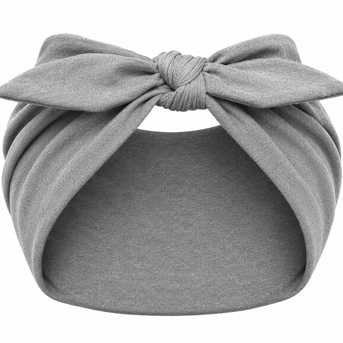 A heather gray fabric loc headband hair wrap with a twisted bow at the top, photographed on a plain white background.