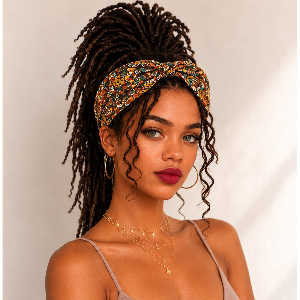 A woman with dark curly dreadlocks wears a multicolor patterned twisted headband, gold hoop earrings, and layered gold necklaces against a light beige background.