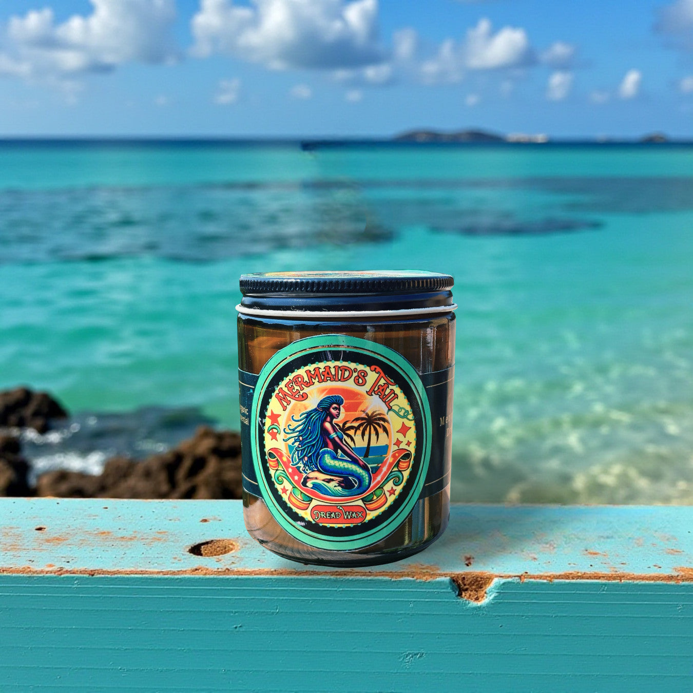 Jar of dark dread was with a colorful label featuring a mermaid on a wooden surface with ocean in the background