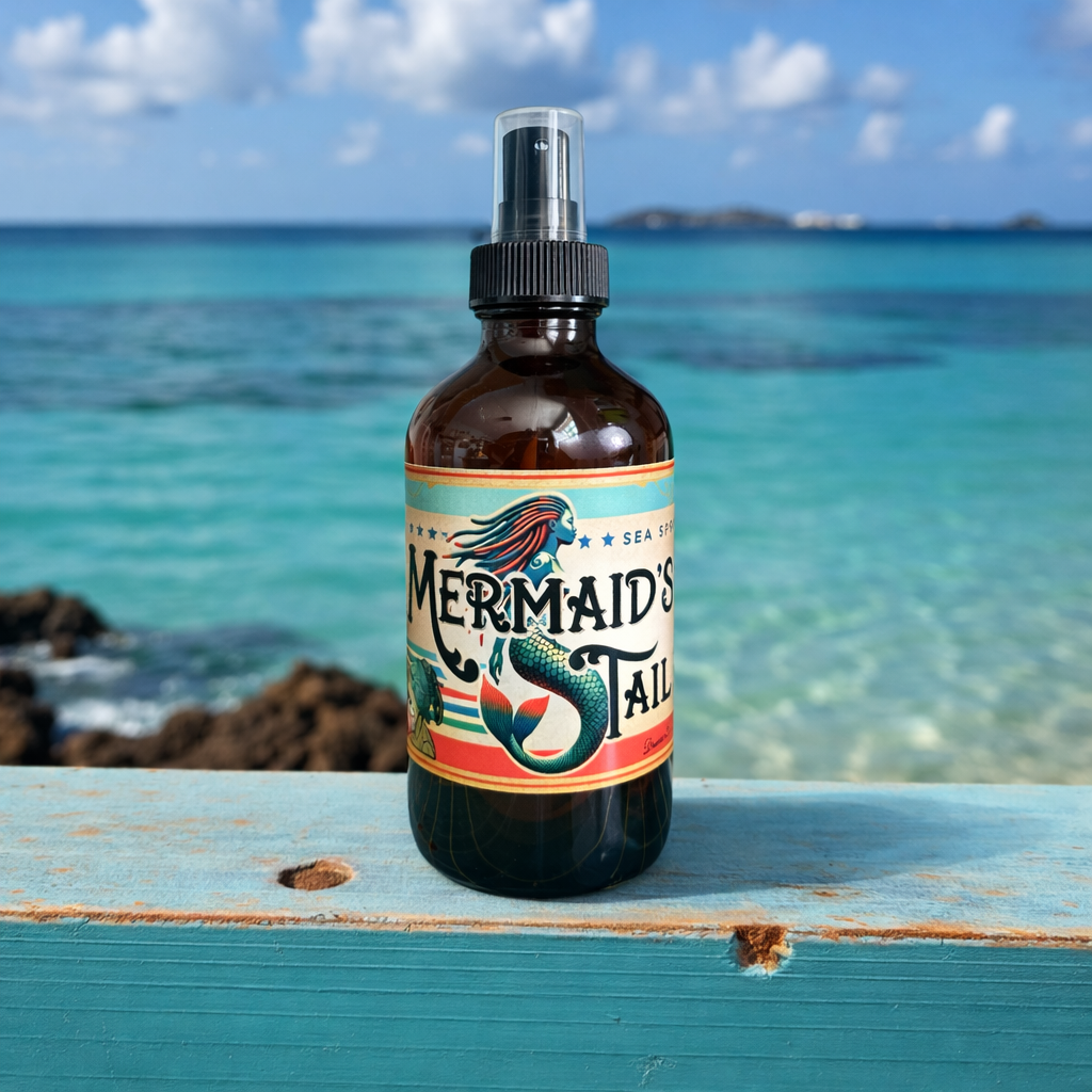 Bottle of 'Mermaid's Tail' spray with a scenic ocean background