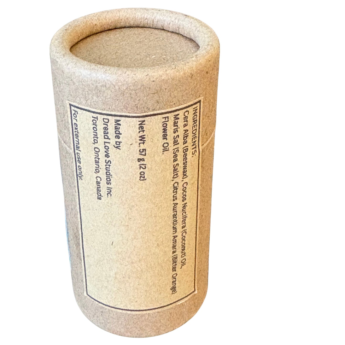 label Ingredients: Cera Alba (Beeswax), Cocos Nucifera (Coconut) Oil, Maris Sal (Sea Salt), Citrus Aurantium Amara (Bitter Orange) Flower Oil.
Net Wt. 57 g (2oz)
Made by Dread Love Studios Inc.
Toronto, Ontario, Canada
For External Use only