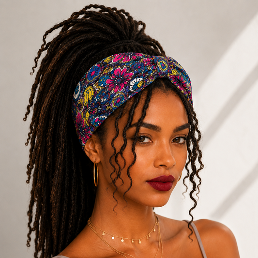 A woman with long dark dreadlocks wears a colorful paisley-patterned twisted headband, gold hoop earrings, layered gold necklaces, and a taupe camisole against a light gray background with soft diagonal shadows.