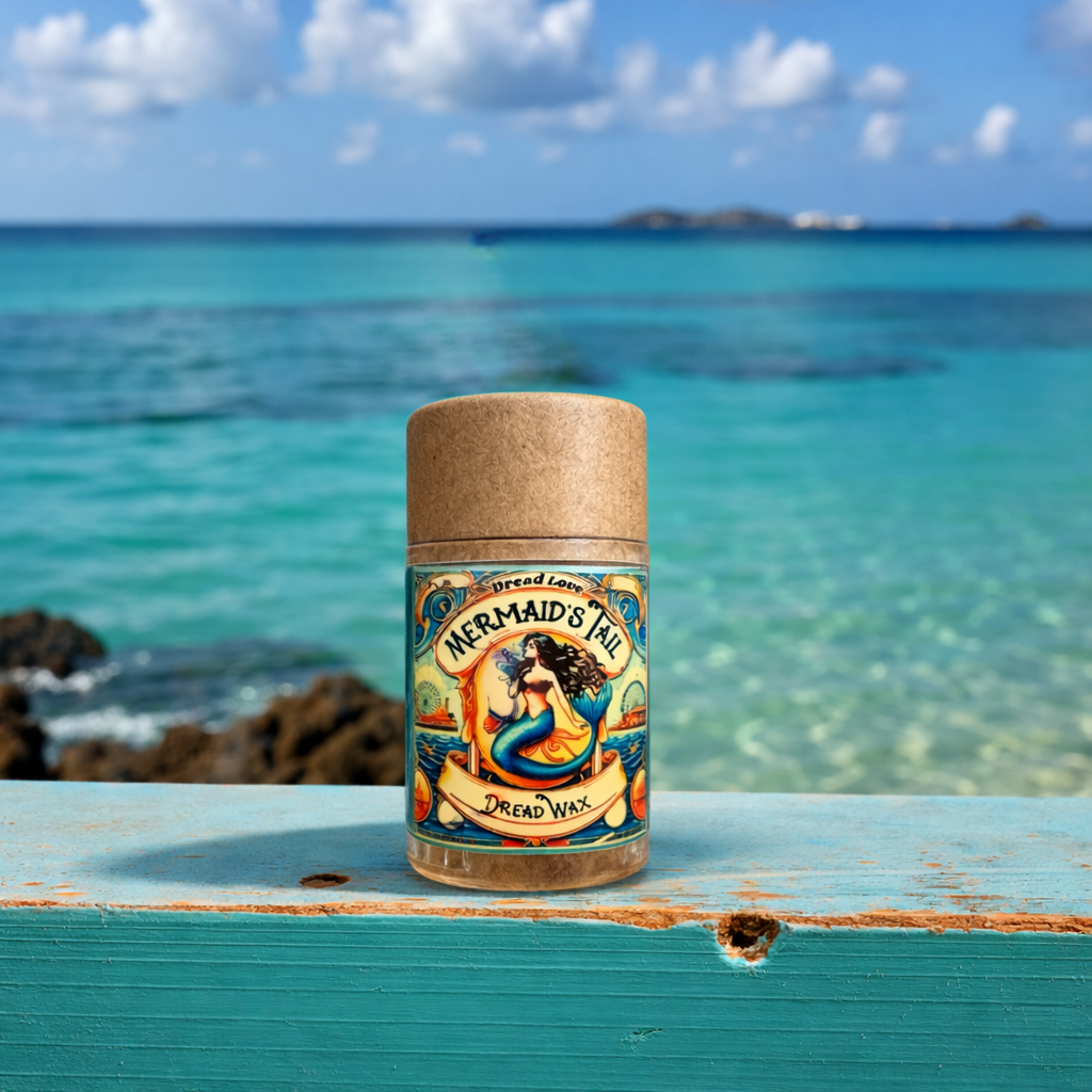 push top dread wax 'Mermaid's Tail' by Dread Wax on a wooden surface with a beach background