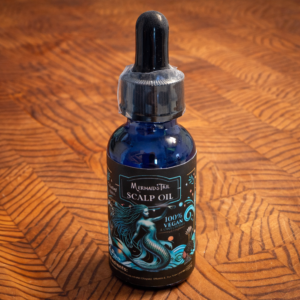 Bottle of Scalp Oil on a wooden surface Dread Love scalp oil bottle for dry scalp and dreadlocks