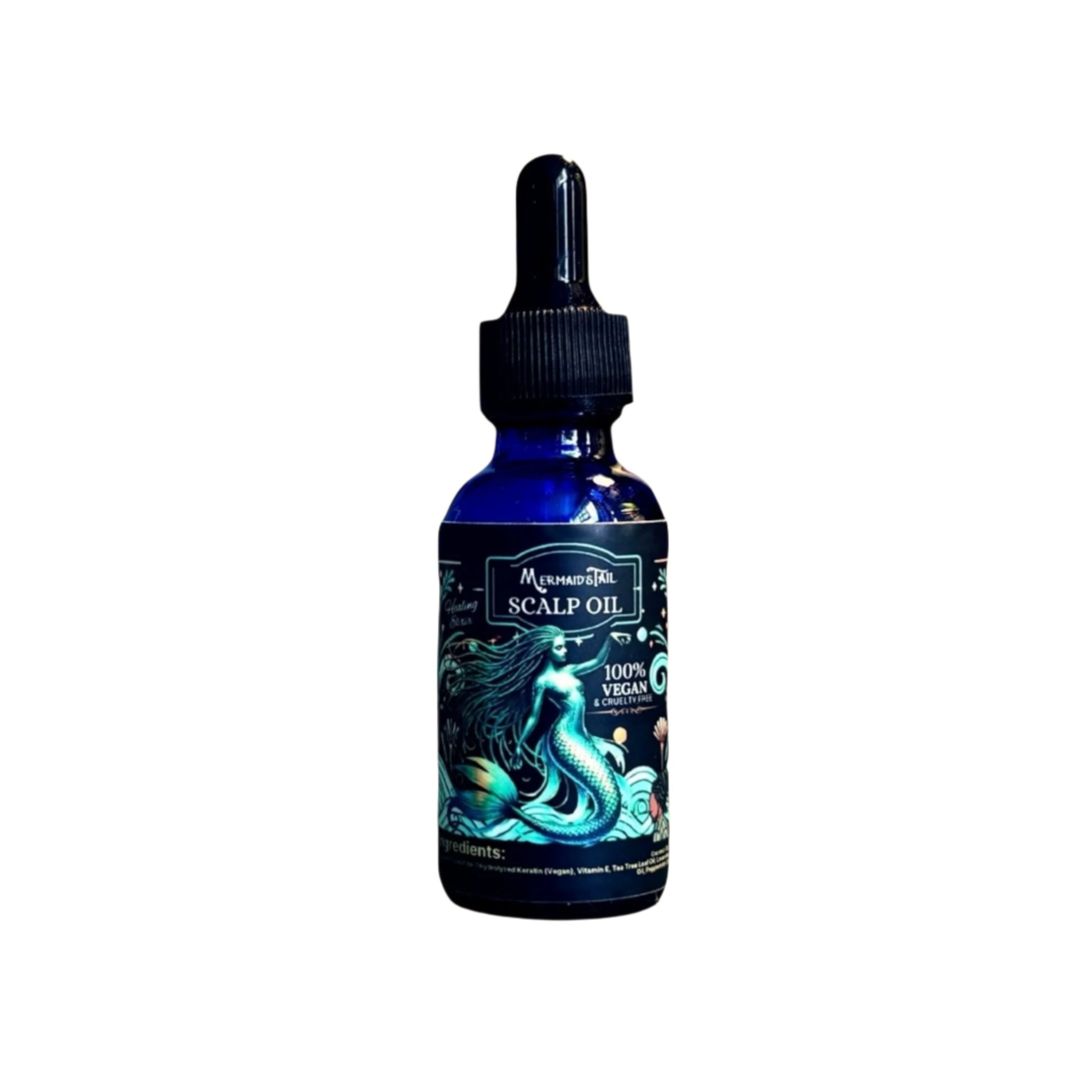 Bottle of scalp oil with mermaid design on a beige background