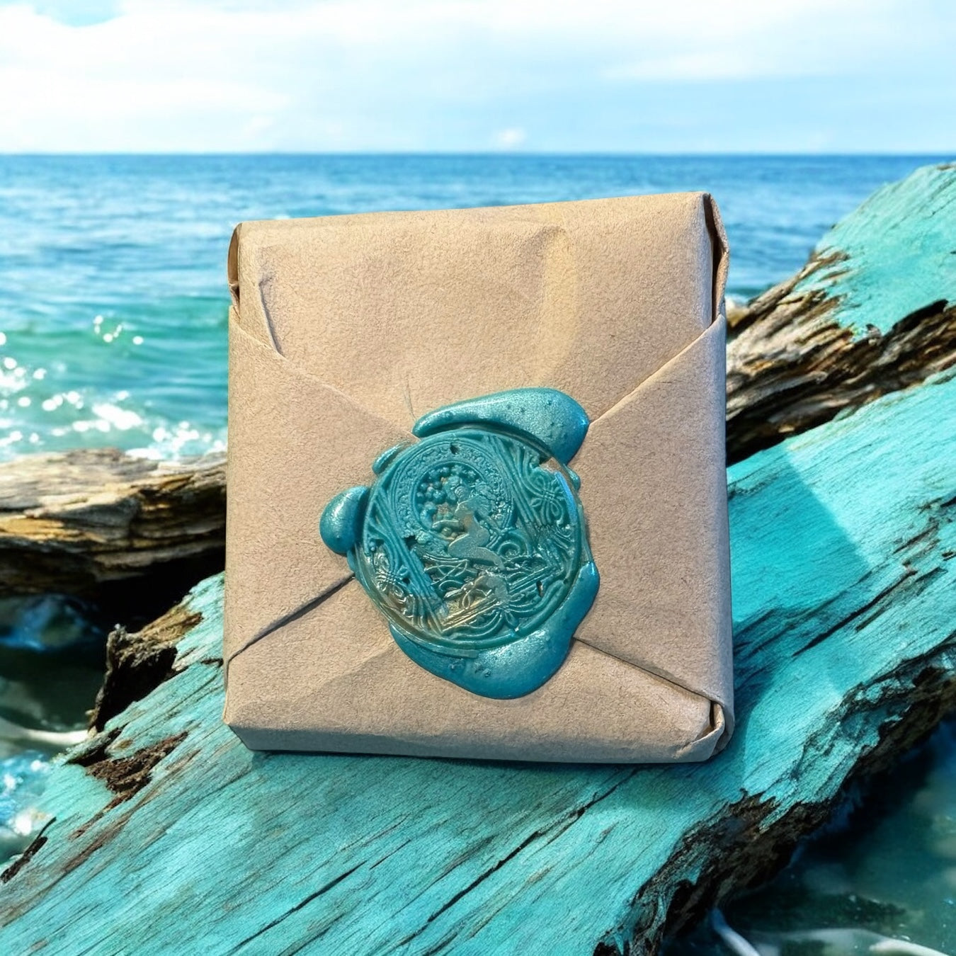 Gift wrapped in brown paper with a blue wax seal on a wooden surface by the ocean.