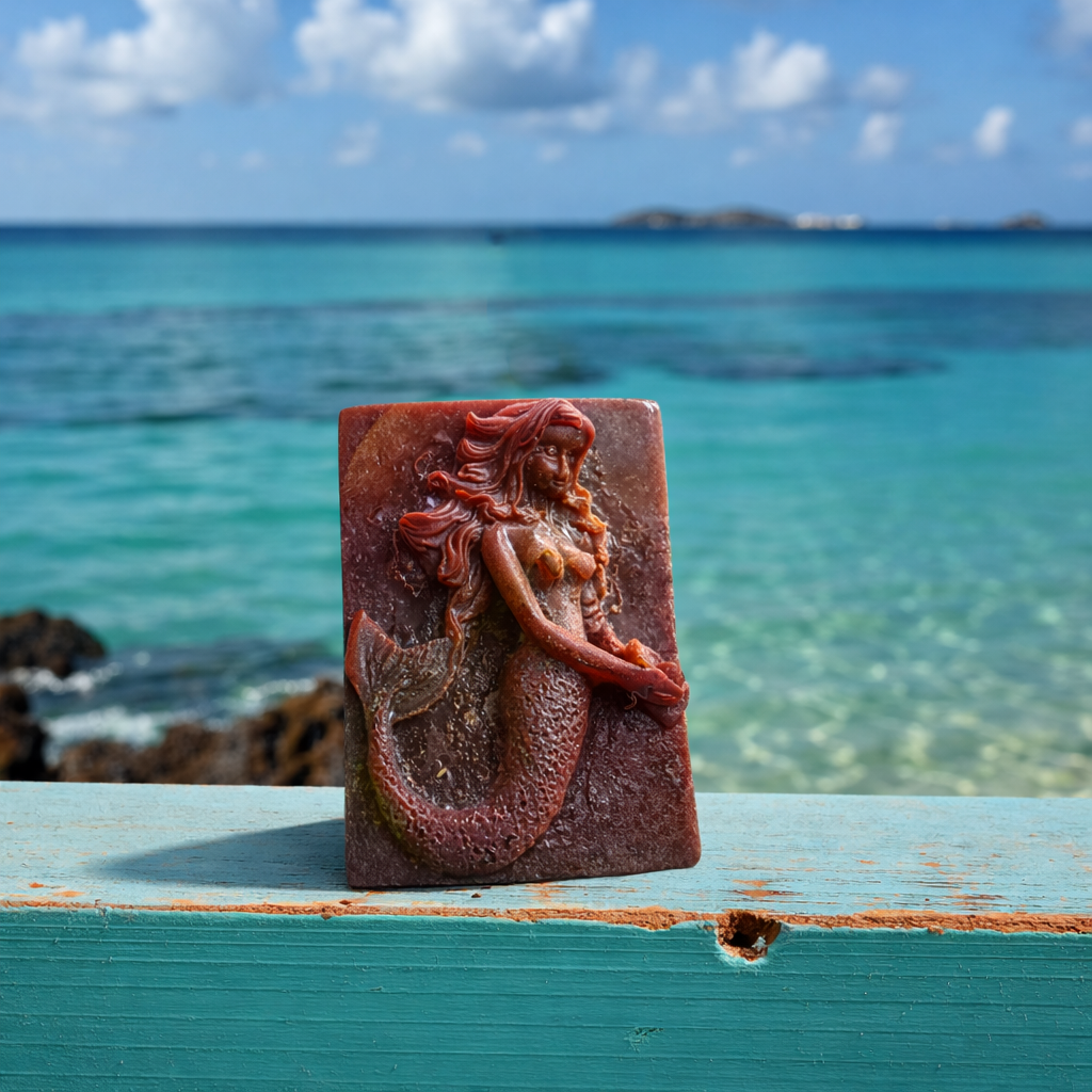 African Black Soap Shampoo Bar by Dread Love on teal beachside railing — gentle, clarifying cleanser for locs and textured hair