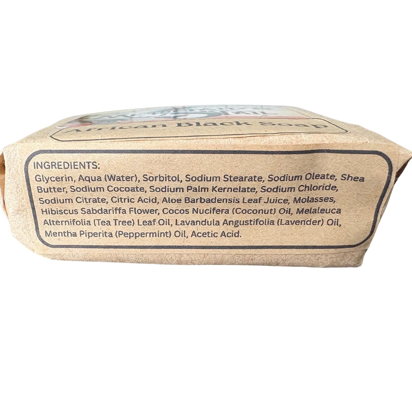 Ingredients: Glycerin, Aqua (Water), Sorbitol, Sodium Stearate, Sodium Oleate, Shea Butter, Sodium Cocoate, Sodium Palm Kernelate, Sodium Chloride, Sodium Citrate, Citric Acid, Aloe Barbadensis Leaf Juice, Molasses, Hibiscus Sabdariffa Flower, Cocos Nucifera (Coconut) Oil, Melaleuca Alternifolia (Tea Tree) Leaf Oil, Lavandula Angustifolia (Lavender) Oil, Mentha Piperita (Peppermint) Oil, Acetic Acid.