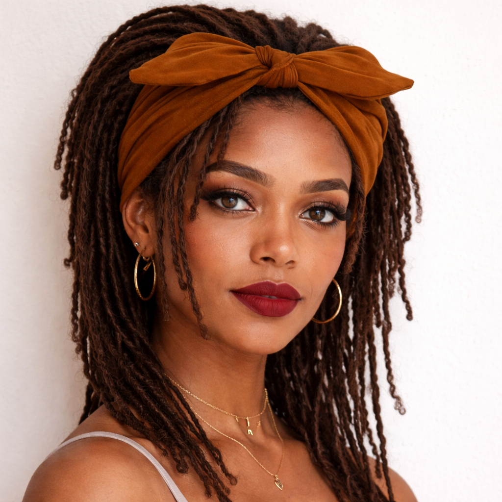 Joanne at Dread Love wearing brown headband