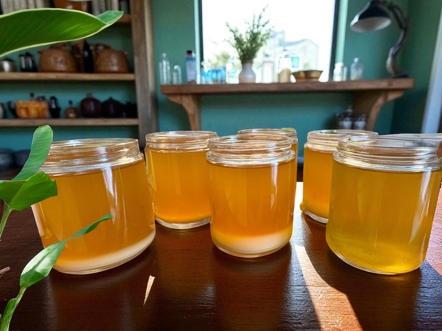 Jars of fresh dread wax on a wooden table with a plant and shelves in the background.