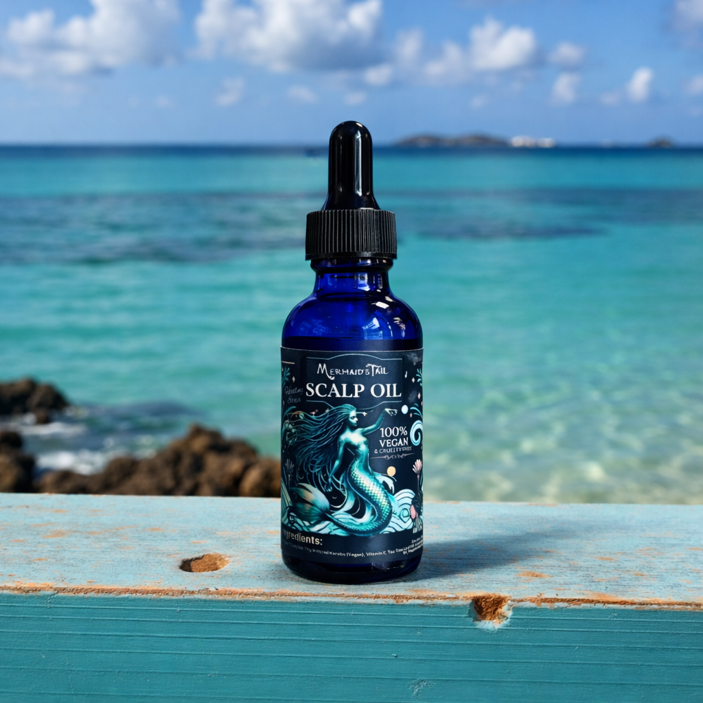 Bottle of scalp oil with mermaid design on a wooden surface by the ocean