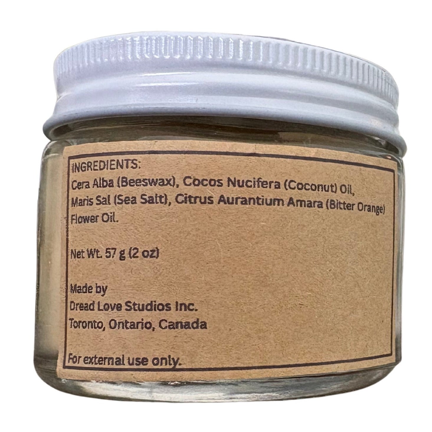 Ingredieents: Cera Alba (Beeswax), Cocos Nucifera (Coconut) Oil, Maris Sal (Sea Salt), Citrus Aurantium Amara (Bitter Orange) Flower Oil.
Net Wt. 57 g (2oz)
Made by Dread Love Studios Inc.
Toronto, Ontario, Canada
For External Use only