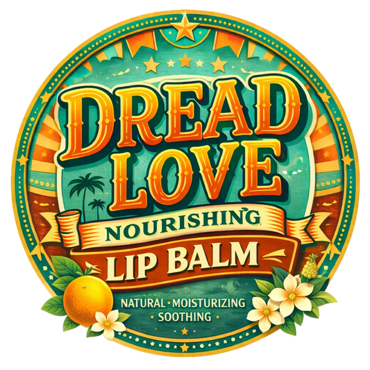 Circular label for 'Dread Love' lip balm with decorative elements and text.