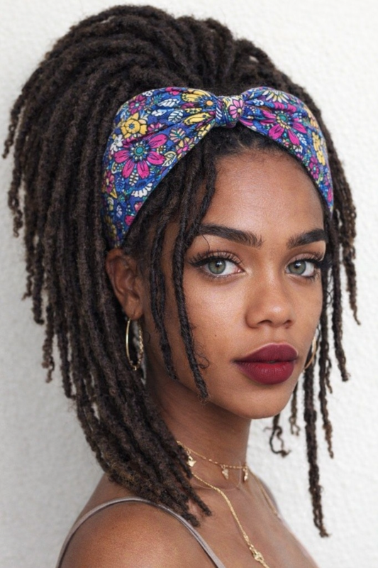 Woman with dreadlocks wearing a colorful headband against a white background
