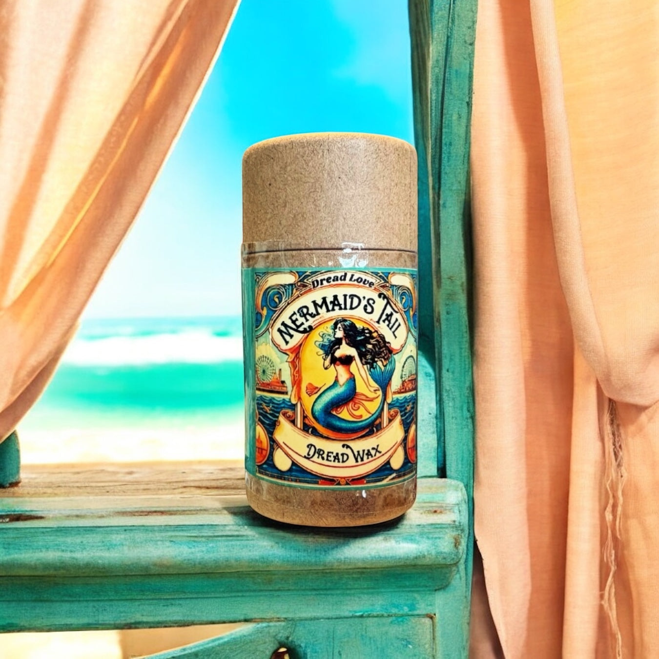 Push-top dreadlock wax on beach house windowsill with peach curtain and ocean in the background