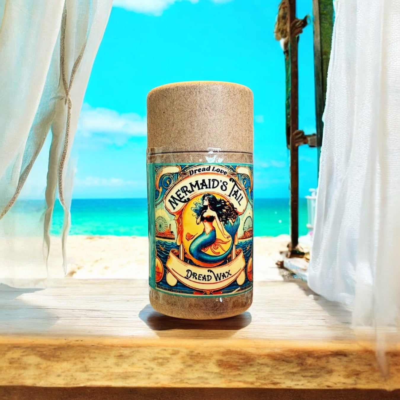 Push-top dreadlock wax on a cottage windowsill with ocean view and white curtain