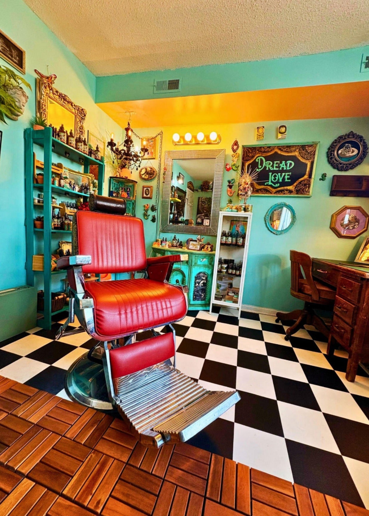 Vintage-style barber shop with red chair, checkered floor, and decorative elements.